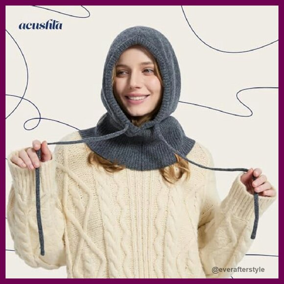 100% Merino Wool Balaclava Hooded Scarf Hat Set Winter Warm Knit Unisex